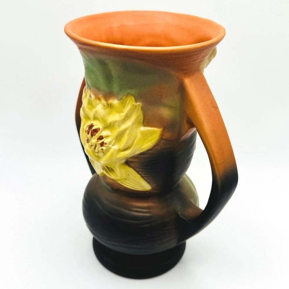 Roseville Water Lily 74-7 Vase Brown Green Yellow 1943 Art Pottery USA 7.25